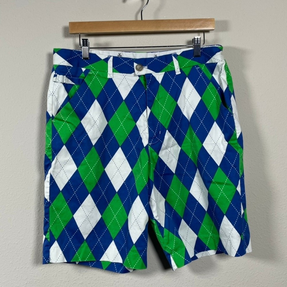 Royal & Awesome Golf Shorts Mens 34 Blue Green Argyle Golfcore Maximalist Preppy